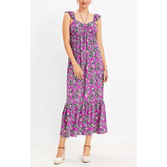 LOFT Hibiscus Floral Ruffle Midi Halter Dress Purple 2 - Picture 1 of 11